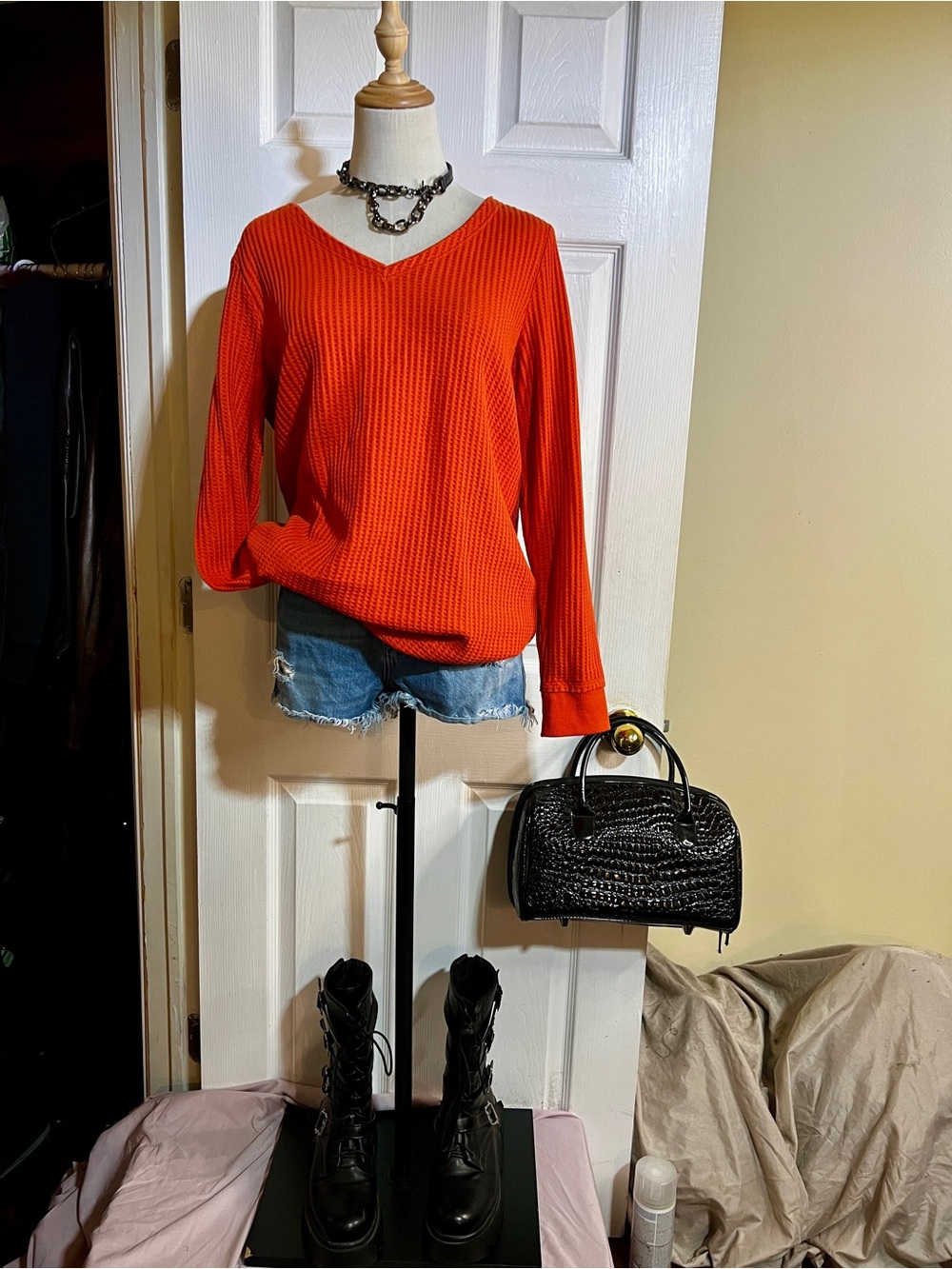 Belle By Kim Gravel Wms Pumpkin Waffle Knit V Neck Long Sleeve Thermal Top M
